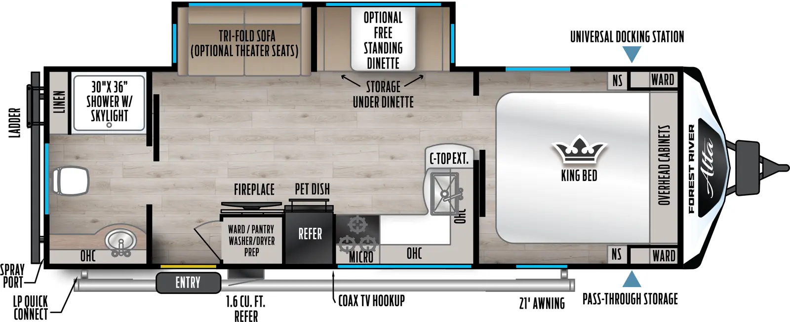 Has a super slide on the off-door-side with a sleeper sofa and booth that can be optioned with theater seats IPO the sofa or table and chairs IPO the booth. There is a rear entry on the awning or door-side about 2/3 of the way down the unit. Layout front to back - there is a King size bed with a slider door separating the bedroom from the Kitchen/Living area. To the right on the off-door side is the super slide and on the door-side is an L-shaped kitchen with overheads, range with a microwave above it, refer, and TV with pantry/ closet behind it. Then about 2/3rd of the way down on the door-side is the entry. Across the back of the unit is the rear bathroom with a slider door entrance. To the RT in the rear off-door corner of the  of the unit is a 30x36 shower. On the door-side rear corner in the vanity and along the back wall between the two is a porcelain toilet.


